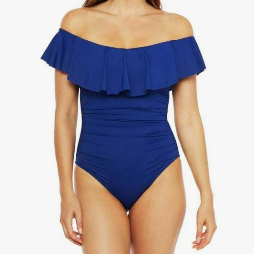 La Blanca off-the-shoulder ruffle crossback one-piece swimsuit (royal blue, Size